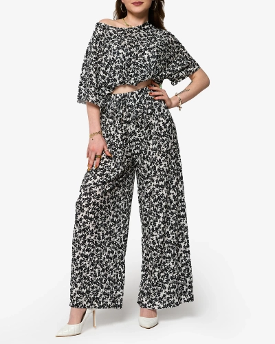 White women's pleated set with black flowers - Clothing