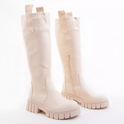 OUTLET Beige women's knee-high boots with flat heel Bitsy - Footwear