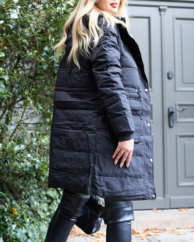 Black Women's Long Winter Jacket with Synthetic Insulation - Clothing
