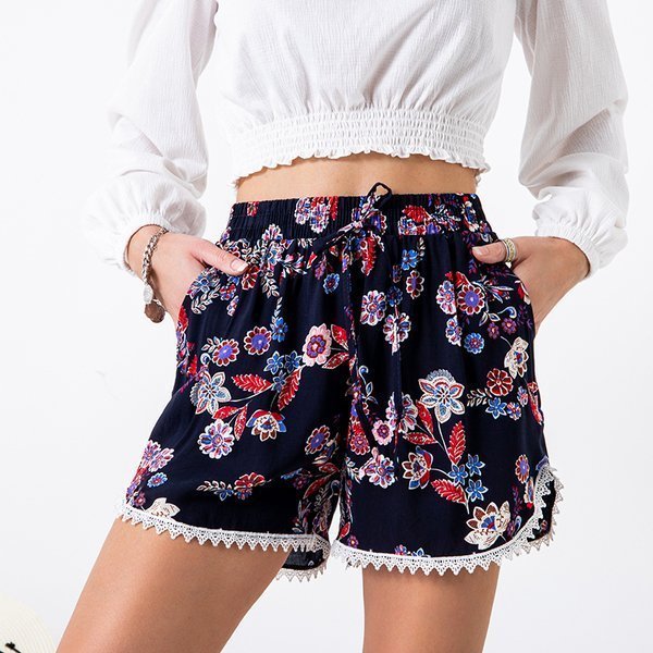 Navy blue women's short shorts with red flowers - Clothing