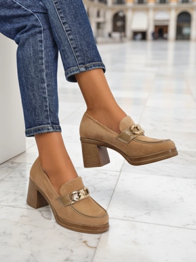 Women's Loafers Perseida – light brown suede block heel elegant