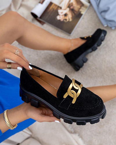 Black women's shoes with gold Mukise decoration - Footwear