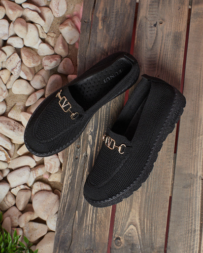 Royalfashion Черные женские мокасины из ткани с золотым украшением Ertica