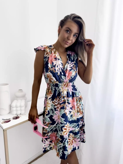 Women's navy blue mini dress with floral print - Clothing