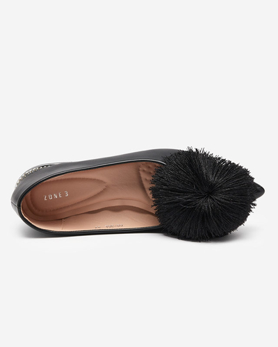 Black women's ballerinas with a pompom and cubic zirconia Hesino - Footwear