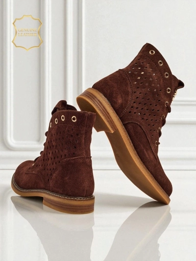 Aurelia Brown Suede Ankle Boots with Fur, Openwork, Elegant, 2.5cm