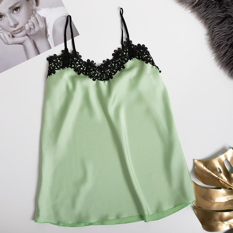 Light green women's chemise with black lace - Clothing