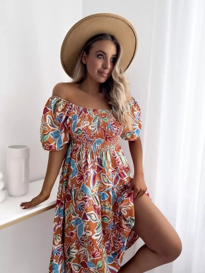 Orange short women's dress with open shoulders - Clothing