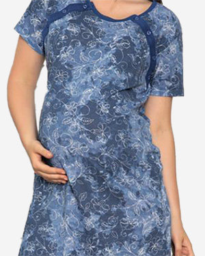 Navy blue maternity and nursing nightgown with flowers - Clothing