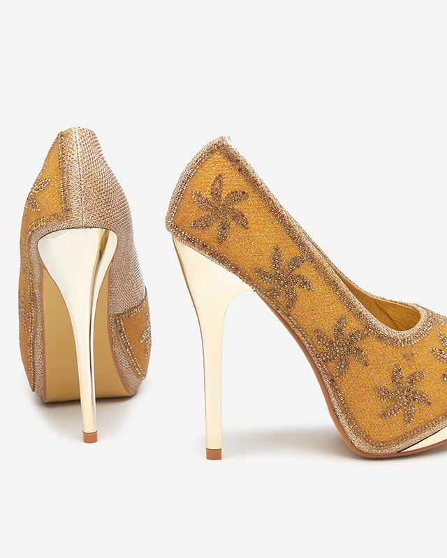 Zelta brokāta sieviešu augstpapēžu kurpes ar kubiskā cirkonija oksiju Yilla - Apavi