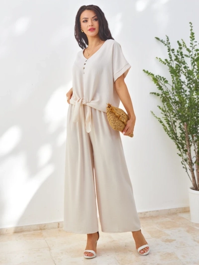 Royalfashion Women's casual set with a short-sleeve blouse and wide pants