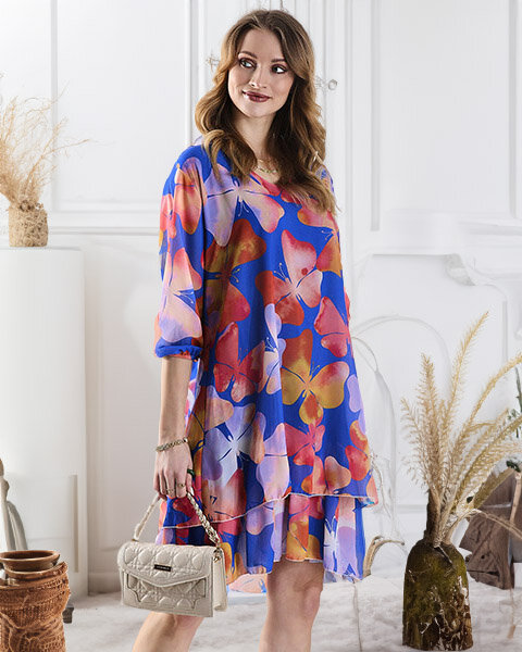 Royalfashion Navy blue women's dress with print and frill