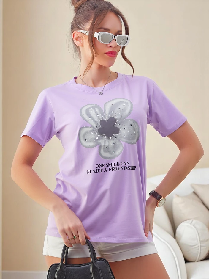 Royalfashion Sieviešu kokvilnas T-krekls ar ziedu