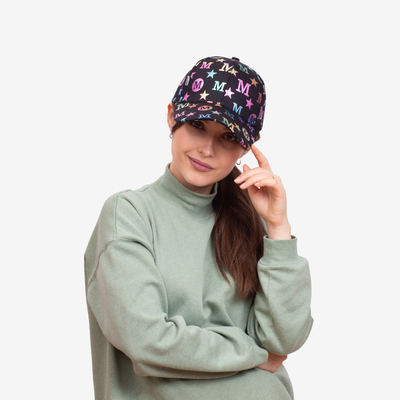 Women's black cap with a visor and multicolored letters - Accessories