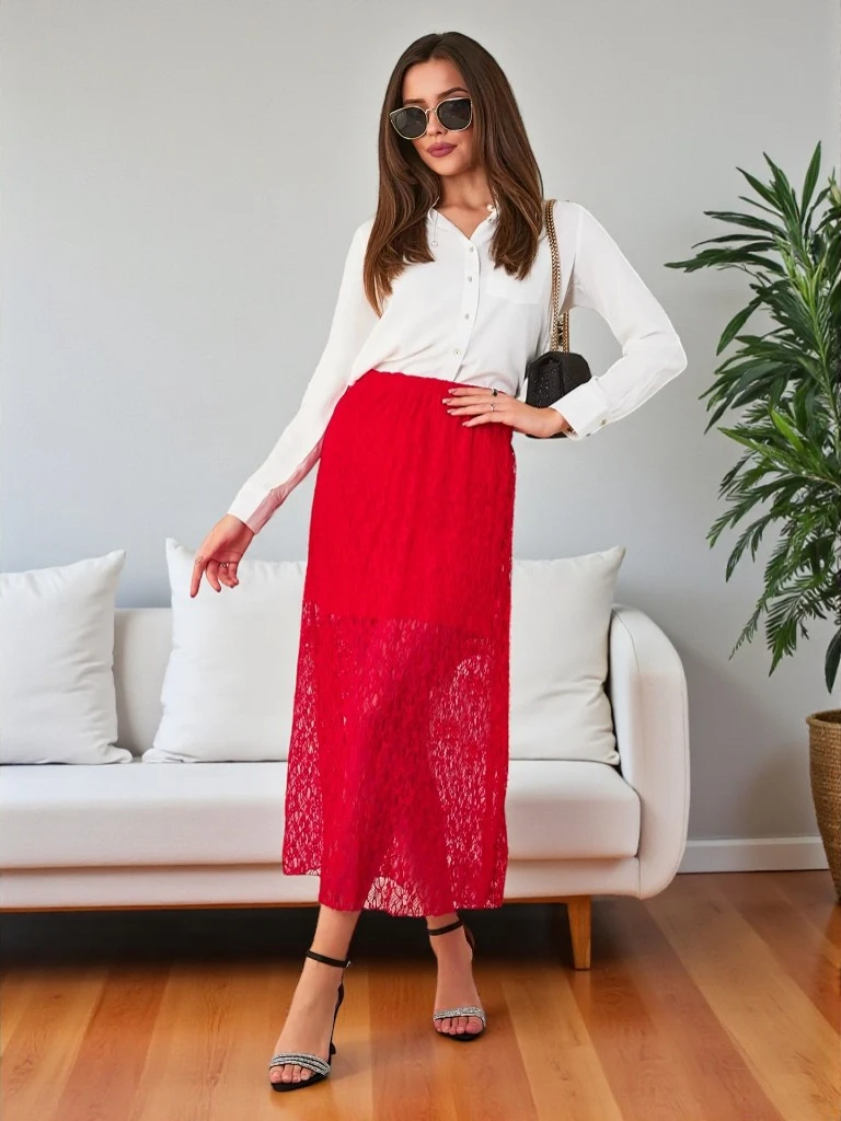 Royalfashion Sieviešu vidēja garuma svārki ar mežģi