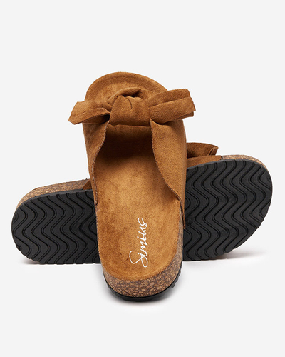 Women's eco-suede slippers with a bow in a camel color Dofro- Footwear