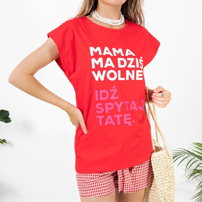 Women's Red T-Shirt with Letters - Clothing