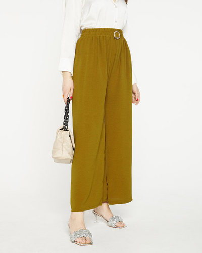 Women's wide palazzo trousers with olive-colored decoration - Clothing