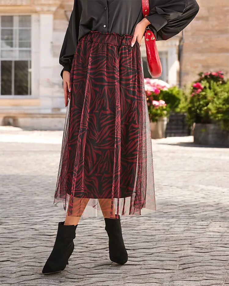 Royalfashion Rakstainas sieviešu vidējas garuma svārki ar tulles piekariņiem