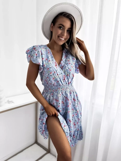 Royalfashion Blue women's mini dress with floral motif