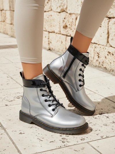Women's Silver Celestina Eco Patent Leather Ankle Boots with Zipper
