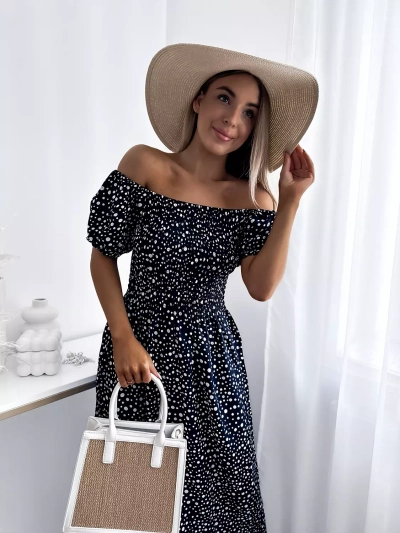 Темно-синее женское платье-макси в горошек- Одежда