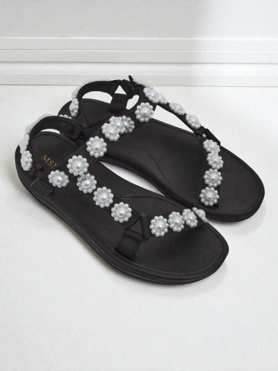 Sandały damskie Royalfashion Perseida czarne na platformie z perełkami