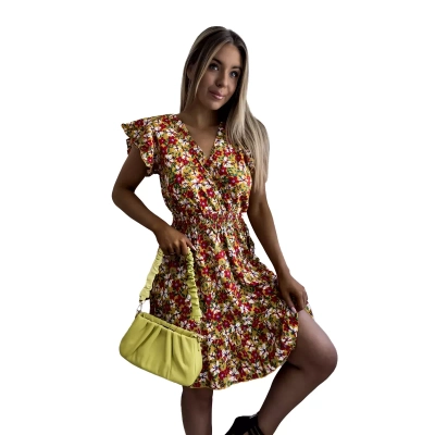 Желтое женское мини-платье с цветочным узором - Одежда