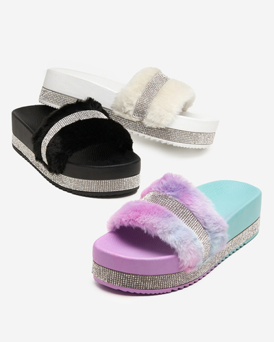 Black women's slippers with fur and cubic zirconia Zerika - Footwear