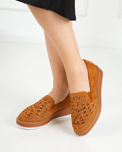 OUTLET Brown women's half shoes with zircons Lamsiou - Footwear