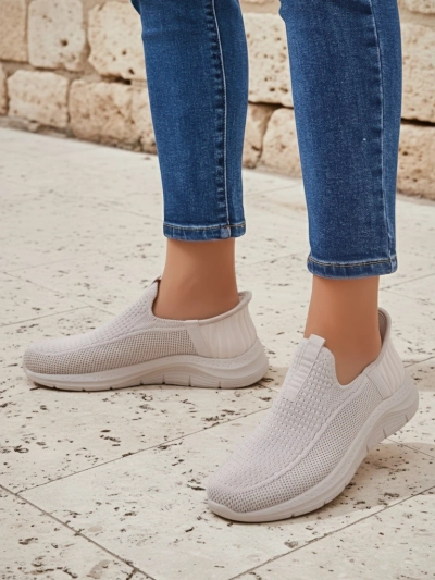 Aurelia Comfort Beige Slip On Women's Flat Heel Fabric Shoes