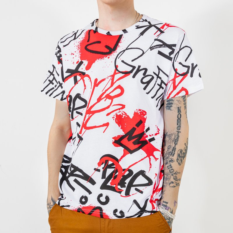 White and red cotton t-shirt for men with inscriptions - Clothing