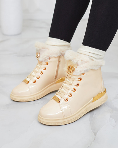 Royalfashion Бежевые лакированные женские утепленные сапоги Sylnina