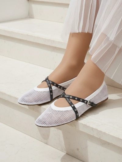 Балетки Royalfashion Calista Bianca – сетчатые белые женские туфли с черными ремешками
