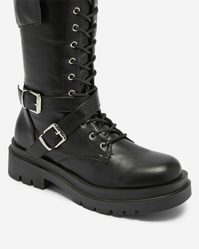 Black worker boots with decorative stripes on the upper. Imielin - Footwear
