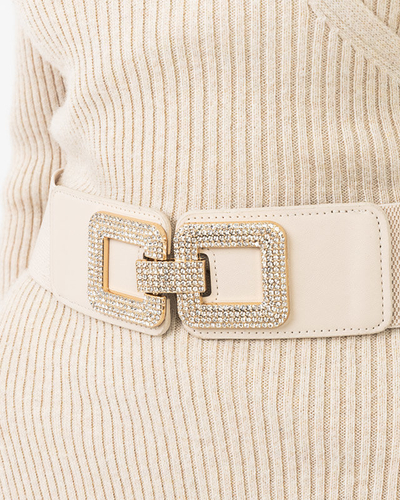 Beige elastic belt with a golden buckle with zircons - Accessories