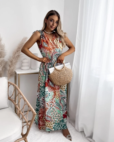 Sieviešu midi kleita zaļā un oranžā krāsā ar rakstu Apģērbs