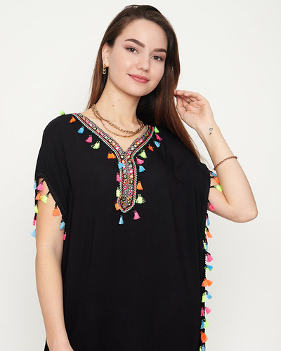 Women's black summer beach tunic with fringes - Clothing