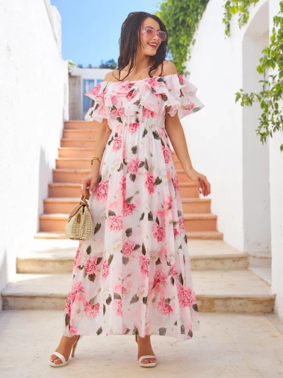 Royalfashion Женское платье с открытыми плечами и короткими рукавами в различных цветочных узорах