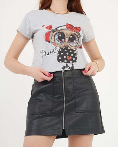 Women's gray t-shirt with an owl print - Clothing