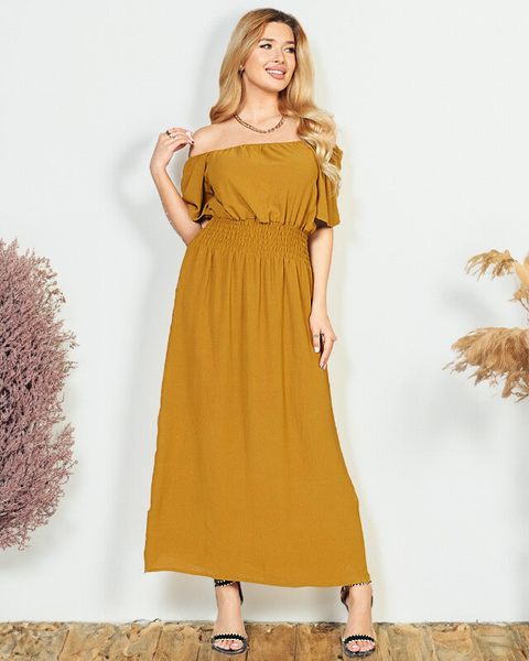 Mustard midi dress with an elastic waistband - Clothing