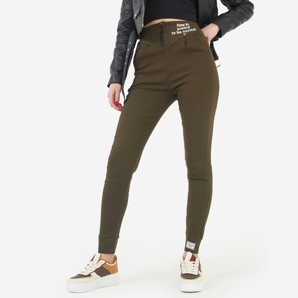 Sieviešu zaļa auduma treggingi ar dekoratīviem uzrakstiem - Apģērbs