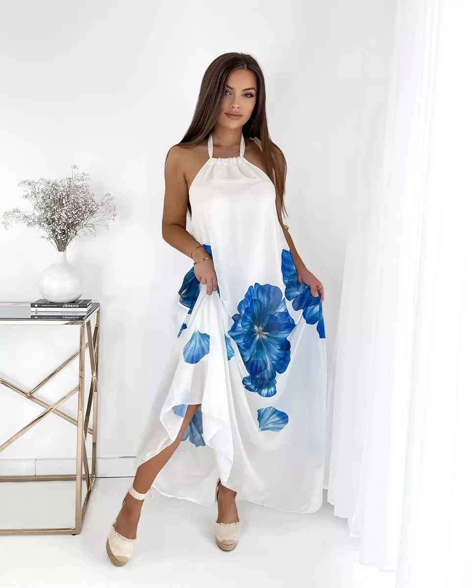 Balta sieviešu midi kleita ar ziliem ziediem - Apģērbs