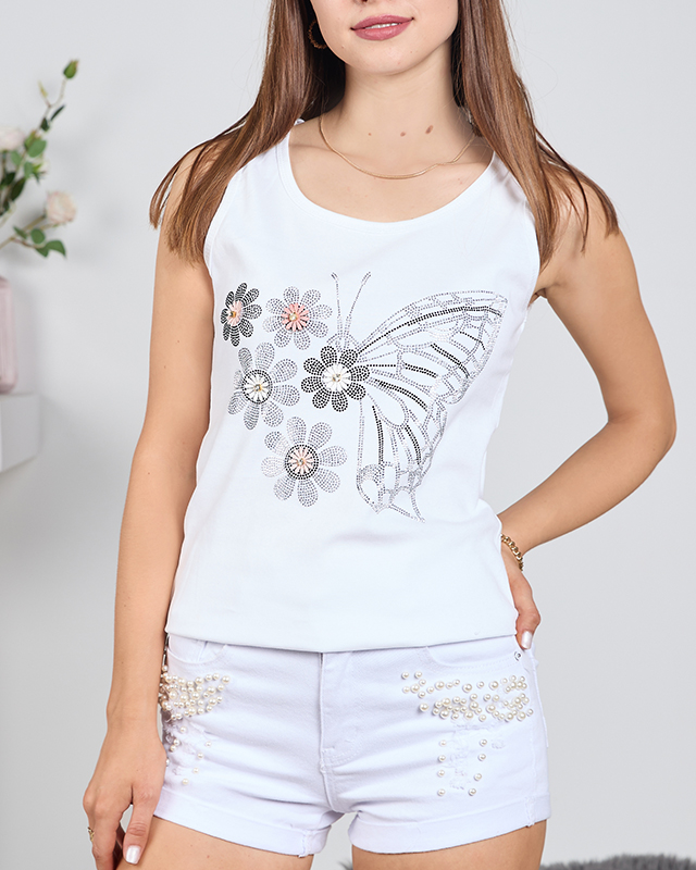 Balts sieviešu tops ar tauriņu un ziediem - Apģērbs