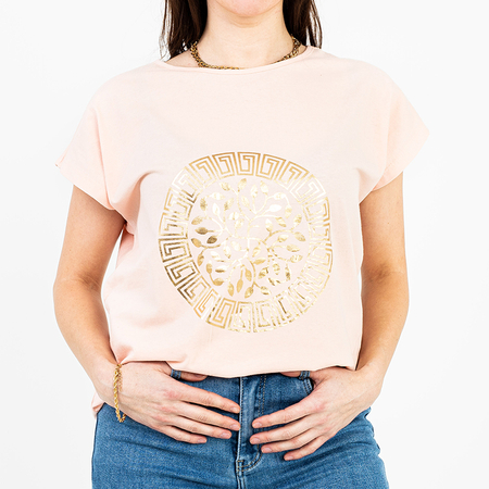 Gaiši rozā sieviešu kokvilnas t-krekls ar zelta apdruku PLUS IZMĒRS - Apģērbs