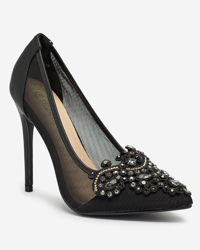 Melni sieviešu stiletto kurpes ar tīklojumu un cirkoniem Heiflo- Footwear