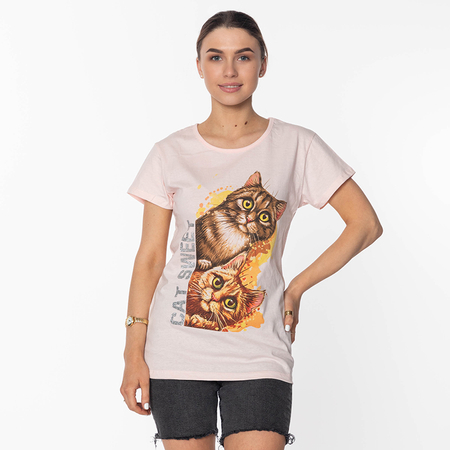 Rozā sieviešu T-krekls ar kaķēnu apdruku - Apģērbs
