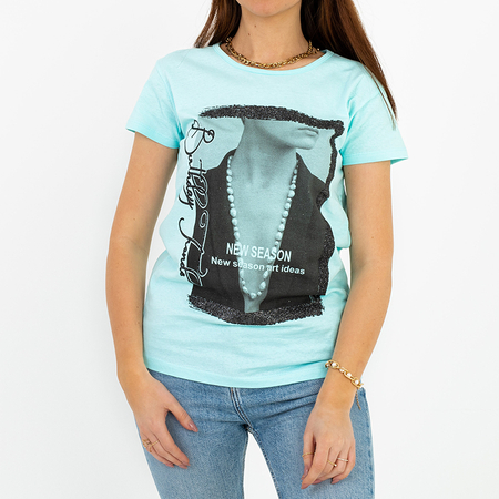 Sieviešu piparmētru t-krekls ar brokāta apdruku - Apģērbs