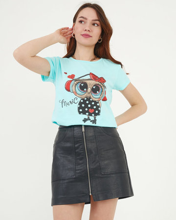 Sieviešu piparmētru t-krekls ar pūces apdruku - Apģērbs