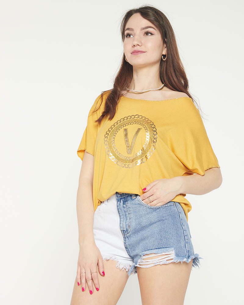 Sinepju sieviešu T-krekls ar zelta apdruku un kubisko cirkoniju - Apģērbs